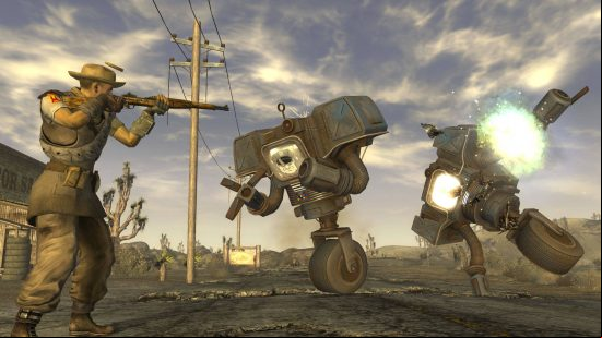 Best Fallout New Vegas mods: a Wastelander shooting at two guard robots in the Mojave Desert.