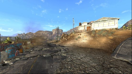 The Realistic Wasteland Lighting mod is one of the best Fallout New Vegas mods for distant views of desert colonies such as this one.
