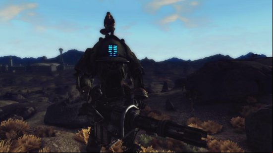 Fallout New Vegas mods: a man standing on top of a giant robot in the TitanFallout mod.