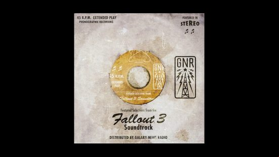 What looks like the cover of an old vinyl record, the Fallout 3 soundtrack, promoting the Galaxy News Radio Enhanced mod, one of the best Fallout 3 mods.