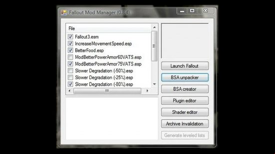 A series of mods on a Windows pop-up, some selected and others not, in Fallout 3 Mod Manager.