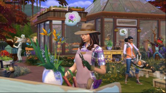 The Sims 4 Seasons screenshot showing Sims doing gardening.