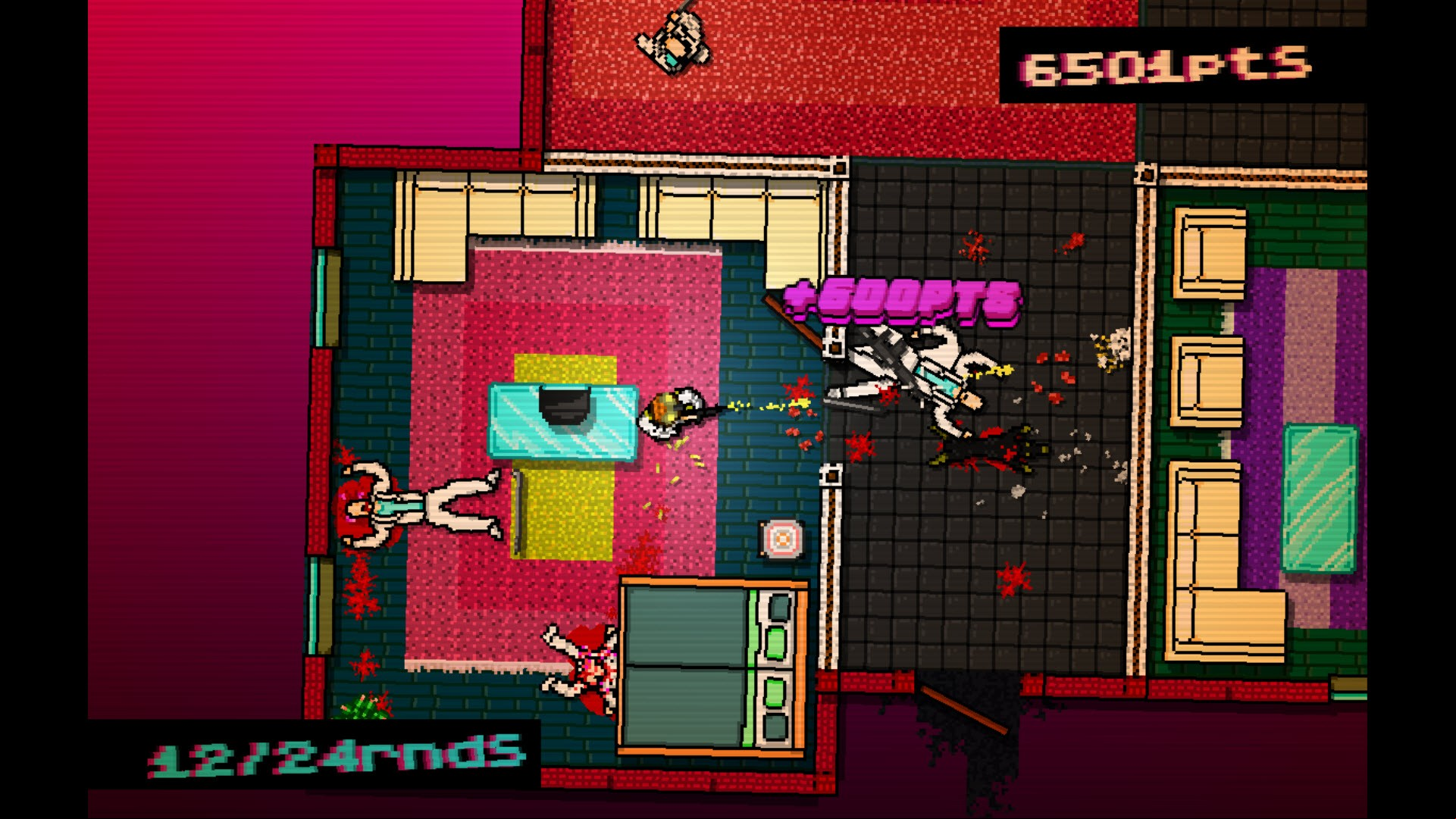 Best retro games: Hotline Miami. Image shows bodies, weapons, and blood spattered across the inside of an apartment, seen from above