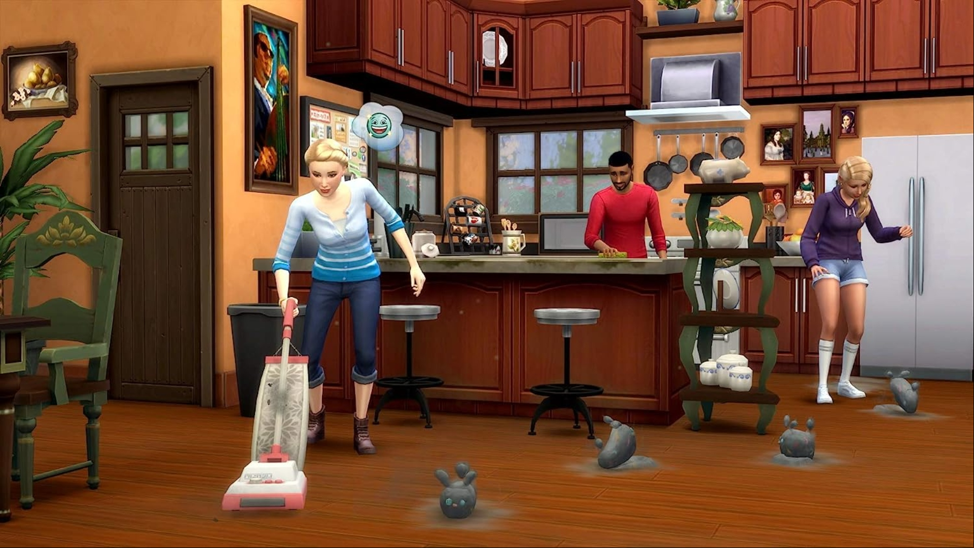 The Sims 4 screenshot showing a Sim vacuuming in their home near large piles of dust 