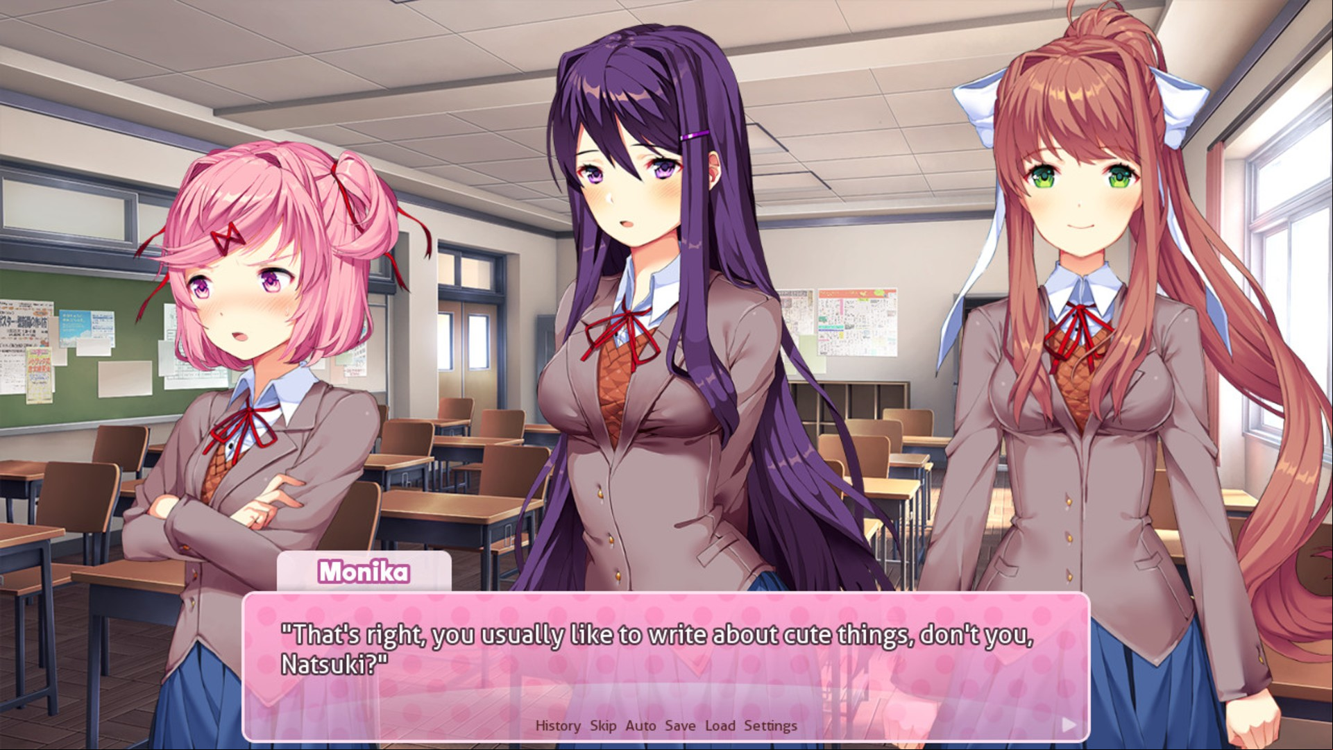 Best anime games: Doki Doki Literature Club. Image shows three anime school girls. One named Monika is saying "That's right, you usually like to write about cute things, don't you, Natsuki
