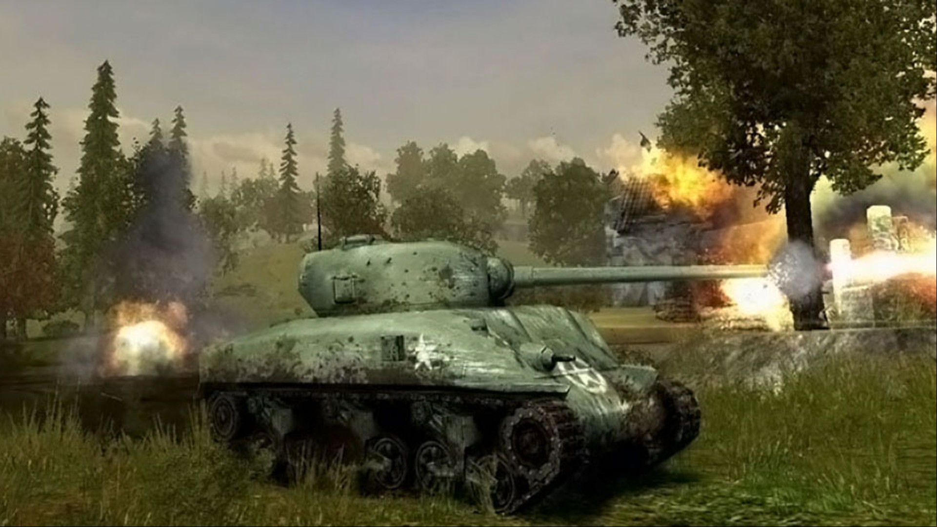 Best tank games: Panzer Elite Action. Image shows a tank in action in the countryside.