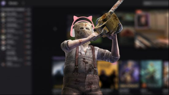 af-resident-evil-4-remake-twitch-streamer-real-chainsaw April Fools 2023 - a chainsaw-wielding Dr Salvador with pink, cat-eared headphones atop his burlap sack-covered head