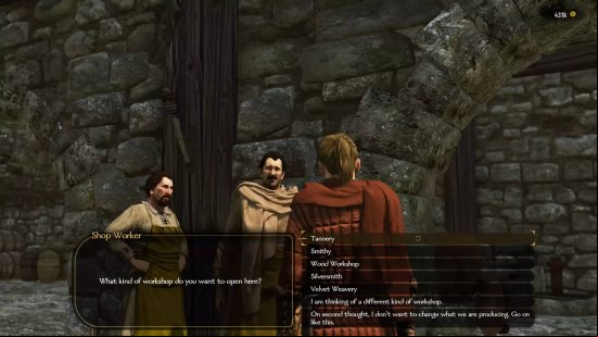 Bannerlord workshops - a lord is speaking with a shop worker about what kind of workshop they wish to open in the town. A second worker looks on sternly.