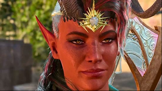 Baldur's Gate 3 companions: a red-skinned, pointy-eared female with a gold piece of jewelry on their forehead.