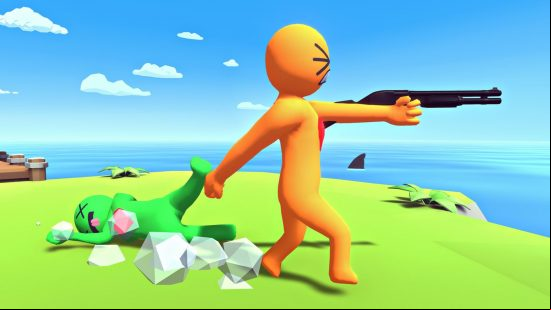 Games like Fall Guys: An orange character drags a green character along the ground while aiming a shotgun in front of him in Havocado.