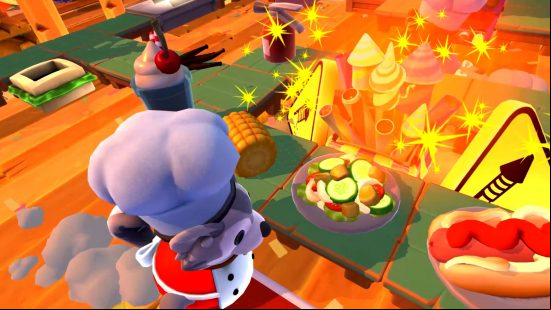 Games like Fall Guys: a cute racoon chef cooks a colourful meal in Overcooked 2.