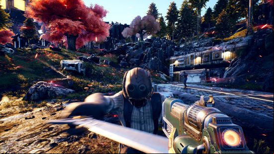 Outer Worlds: a person holding a laser gun fends of an attacker wielding a sword