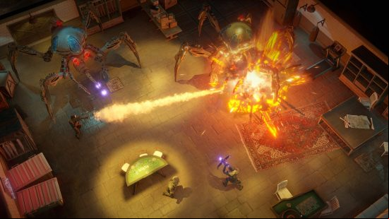 Wasteland 3: humans fight off a giant mechanical spider using flamethrowers