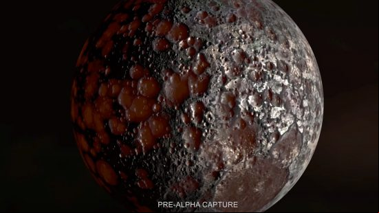Kerbal Space Program 2 release date - one of the new planets, Charr, is a black planet covered in red craters.