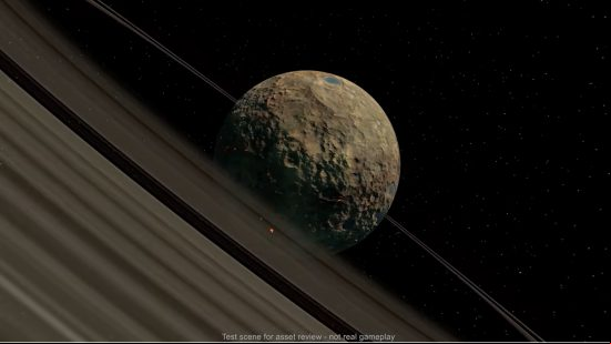 Kerbal Space Program 2 release date - one of the planets, Gurdamma, is a sand-coloured planet with gas rings around it.
