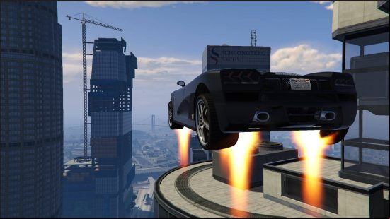 Best GTA 5 mods - a car with jetpacks under its wheels is flying through the city, close to skyscrapers.