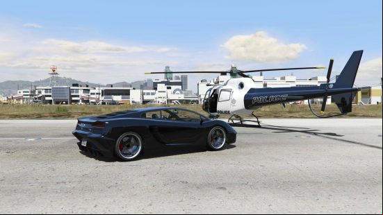 Best GTA 5 mods - a sportscar is parked next to a helicopter in an airfield.