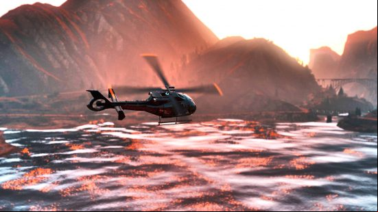 Best GTA 5 mods - a helicopter flying over a lake in the sunset.