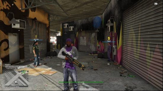 Best GTA 5 mods - a player kitted out with bright clothing in the middle of an underground market, holding a custom assault rifle.