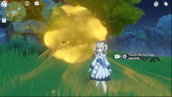 Barbara stands by a Ley Line opening with the prompt to interact with it and gain experience for Genshin Impact leveling.