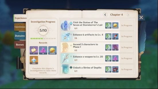  The Adventurer's Handbook open at the Experience tab, which lists the various tasks you can complete for experience in Genshin Impact leveling.
