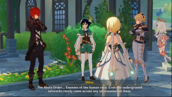 Diluc converses with the Wanderer, Jean, Venti, and Paimon during a quest that provides experience for Genshin Impact leveling.