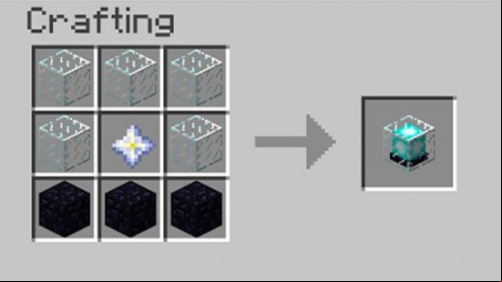 Minecraft beacon - the recipe for a beacon which requires glass, obsidian, and a Nether Star.