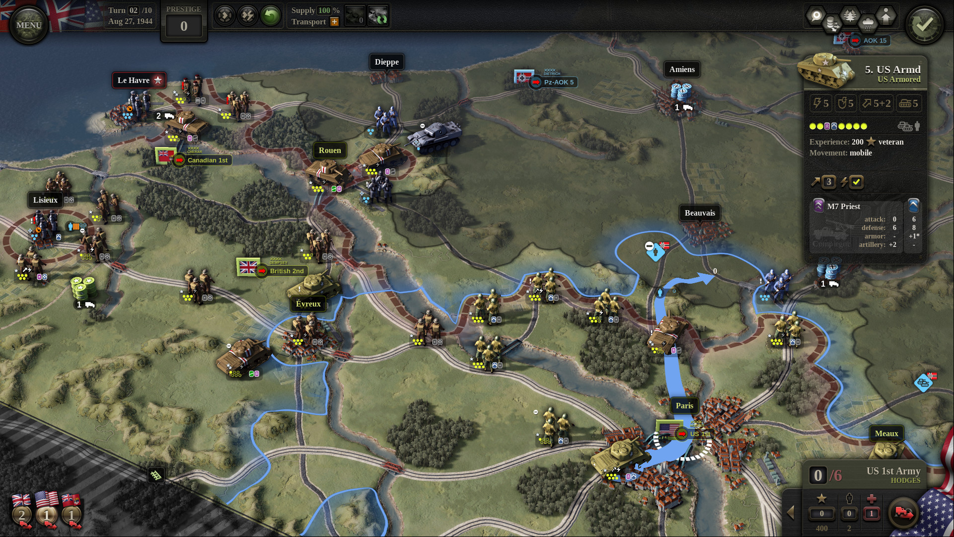 Best war games: Unity of Command 2. Image shows a map with various strategic routes and soldiers laid out on it.