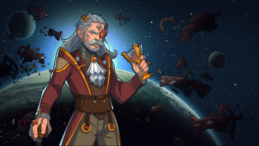 menu artwork from rimworld, a regal looking man holds a golden cup
