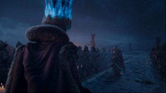 Tsarina Katarin of Kislev marches behind a column of Kislevite Kossars in Total War: Warhammer 3, while a Boyar inspects the troops