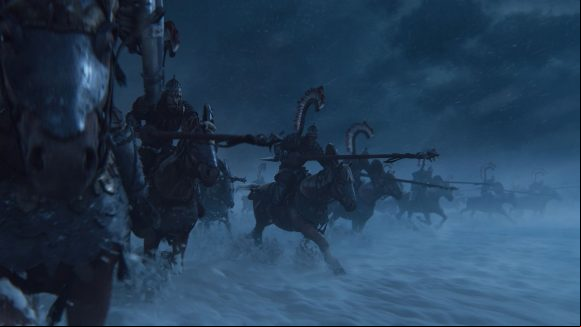 Kislevite Winged Lancers charge at the enemy across a snowy field in Total War: Warhammer 3