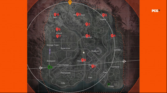 Warzone bunker 11: a map with seceral red tags denoting the location of phones.