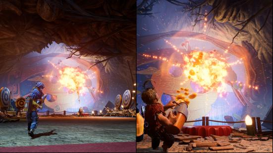 A vertical split screen showing characters shooting explosives at a giant hornet's nest in It Takes Two, one of the best platform games.