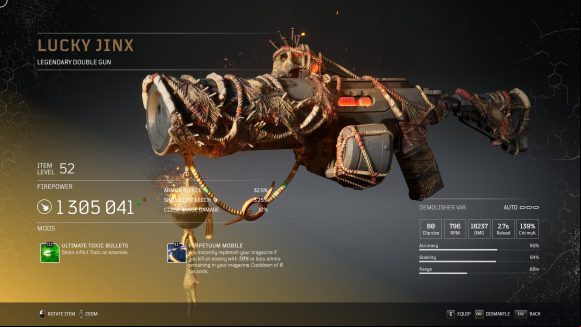 A double gun with a pig-like skin on top of the weapon