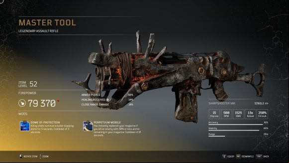 An assault rifle with multiple tools sticking out of the body of the weapon