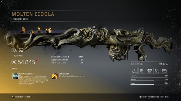A rifle with flames bursting out from the barrel featuring numerous skulls surrounding the weapon