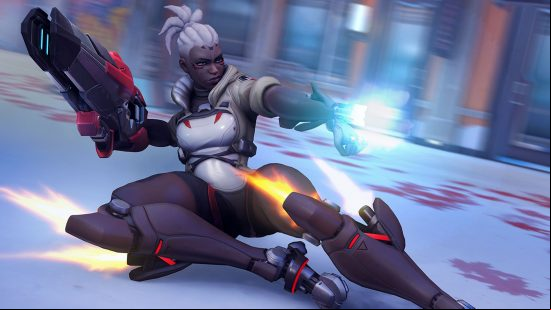Overwatch 2 Sojourn abilities: Sojourn in the midst of performing her Power Slide, a high mobility skill that can be used offensively or defensively during combat.