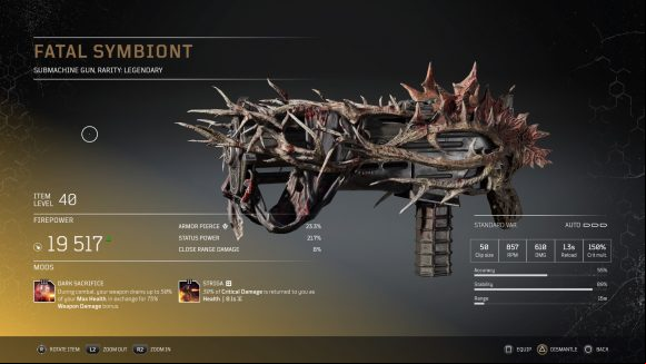 An Outriders legendary SMG covered in spiky, bony protrusions