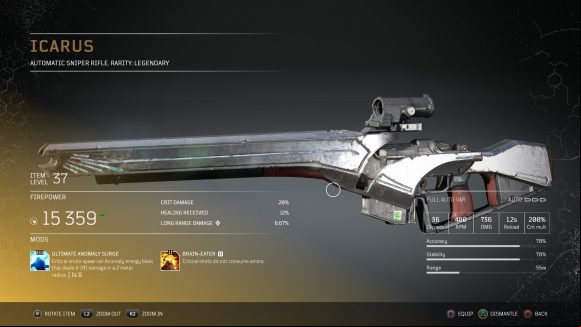 Outriders legendary sniper rifle Icarus, a clean, shiny weapon engraved with blue lines
