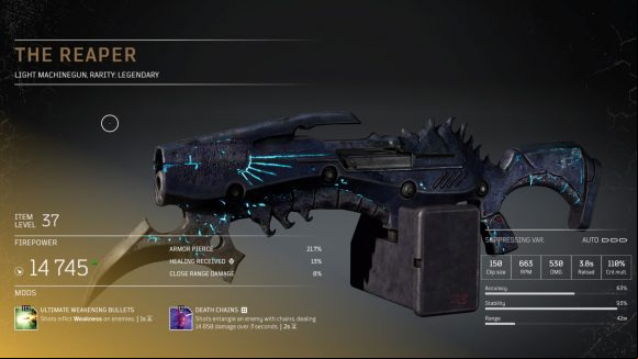 An Outriders legendary light machinegun in dark pewter with glowing blue lines and a blade under the barrel