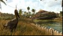 A restaurant sinks into an island swamp in Far Cry 6 as a local bird looks mournfully on