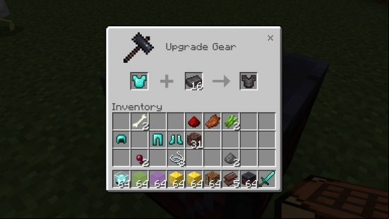Minecraft Netherite - upgrading diamond armour into Netherite armour with the help of a smithing table and a Netherite ingot.