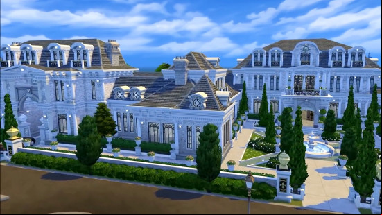 The Sims 4 houses: A vast white mansion built in The Sims 4.