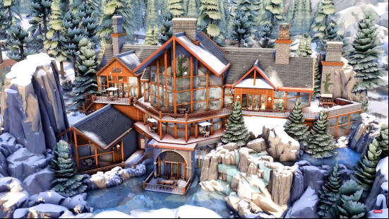 Sims 4 houses: A huge wooden cabin in set in snowy mountains in The Sims 4.