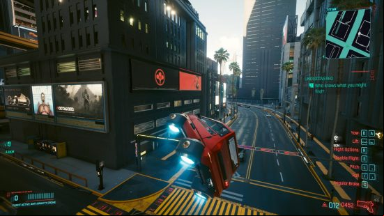 Best Cyberpunk 2077 mods: flying a red car with jet boosters underneath the wheel. The car is turning, but looks like it's about to crash into the building.