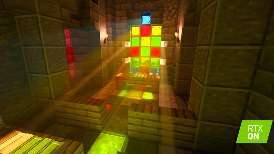 Minecraft ray tracing - With Minecraft ray tracing enabled, beams of coloured light can shine through a stained glass window.