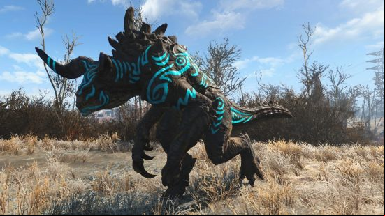 Best Fallout 4 mods: A tame Deathclaw charging through the Wasteland, accessorized with electric blue body paint