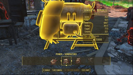 Best Fallout 4 mods: The generator selected via the Fallout 4 crafting mode, which details what a generator requires to build, and how much electricity it produces