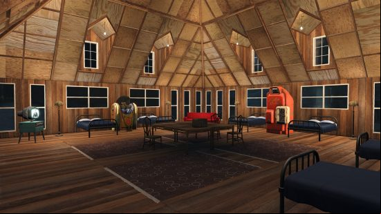 Best Fallout 4 mods: An organised dormitory with rugs, a dining table and vending machine
