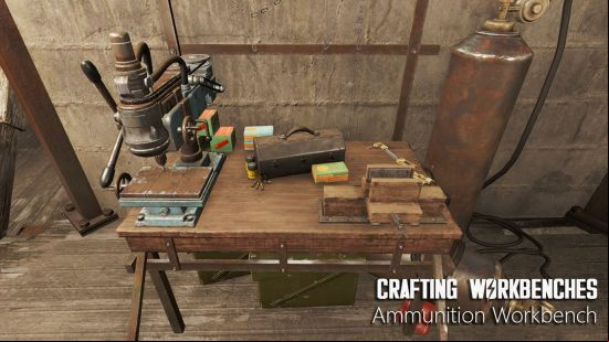 Best Fallout 4 mods: An ammunition workbench as featured in the Crafting Workbenches mod, including toolboxes, brackets, and an industrial drill
